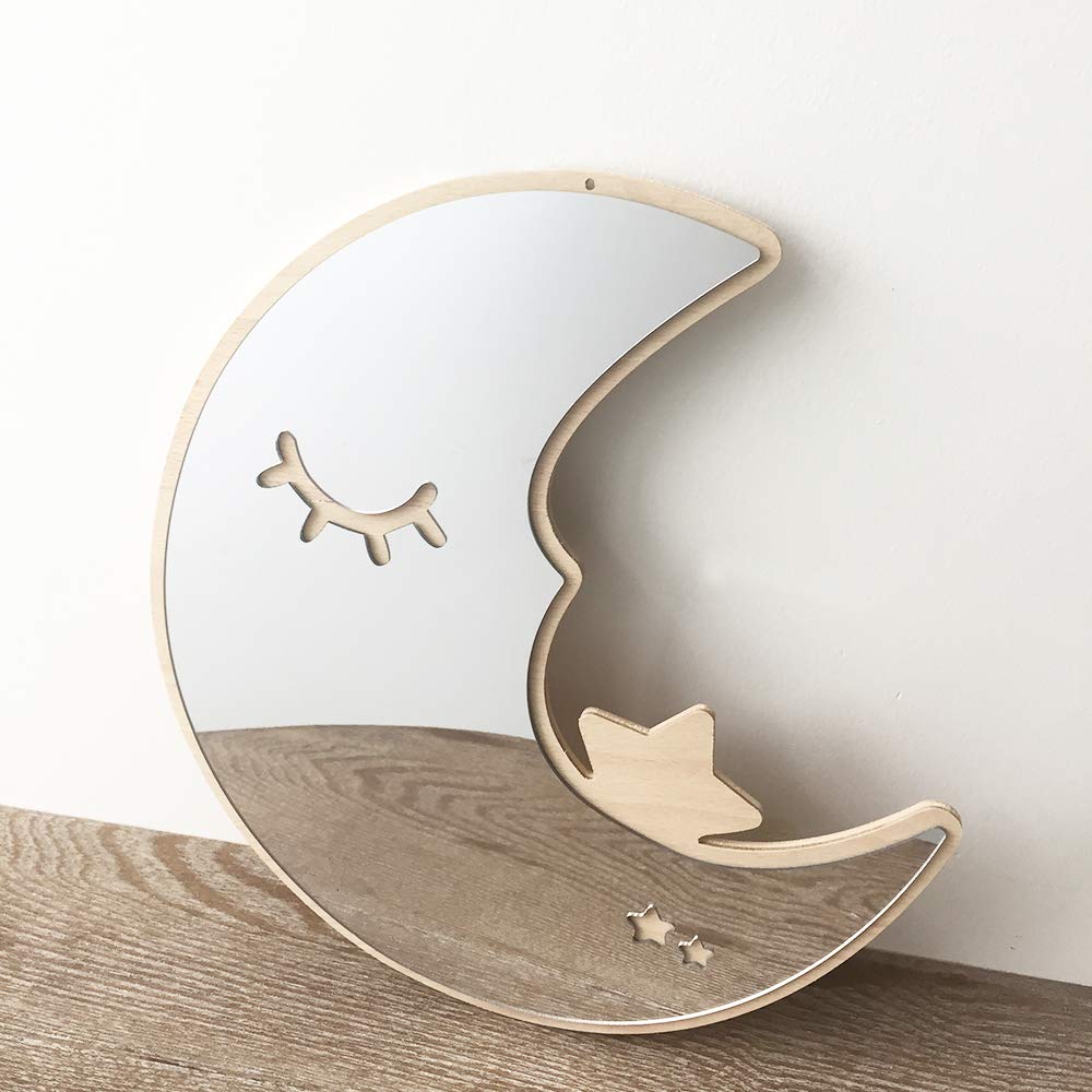 Crescent Moon Mirror, Moon Shaped Wall Art, Nursery, Bedroom or Playroom Décor, Wooden and Acrylic Decorative Interior Design Wall Decoration for Kids Bedrooms