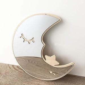 Crescent Moon Mirror, Moon Shaped Wall Art, Nursery, Bedroom or Playroom Décor, Wooden and Acrylic Decorative Interior Design Wall Decoration for Kids Bedrooms