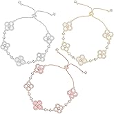 3Pcs Gold Plated Clover Bracelets for Women Trendy Lucky Sliver Four Leaf Clover Bracelet Set Stack White/Pink/Golden Jewelry Charm Flower Pulseras Para Mujer Birthday Gifts for Women/Mom/Friends