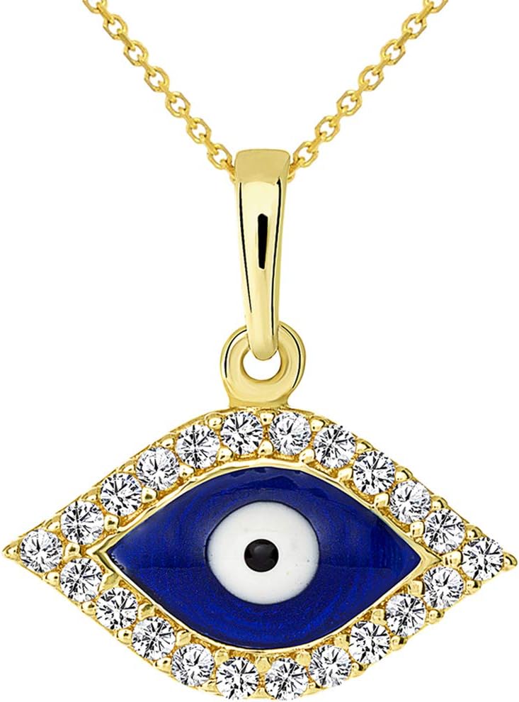 Solid 14k Yellow Gold CZ Nazar Evil Eye Charm Pendant Necklace