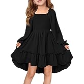 Haloumoning Girls Lantern Long Sleeve Dresses Kids Square Neck High Low Hem Smocked Fall Dress 5-14 Years