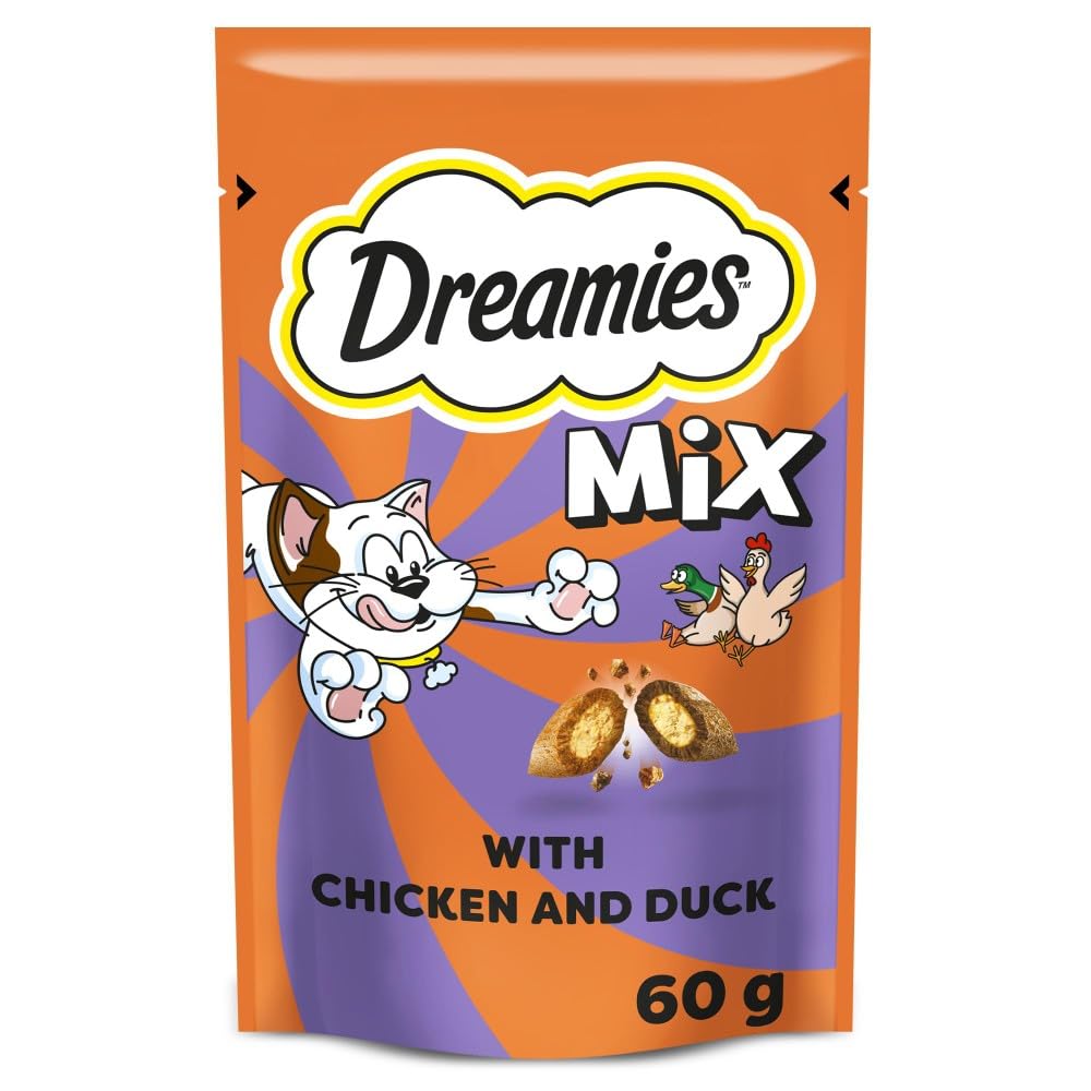 Dreamies Cat Treats, Tasty Snacks with Delicious Chicken and Delectable Duck, 8 Pouches of 60 g