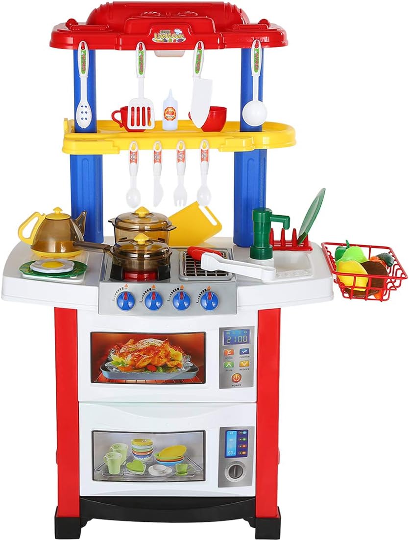 Shinehalo Electronic Cook Kitchen Playset, Toddler Kitchen Cook Playset Cooking Toys for Kids with Oven, Microwave, Cookware, Kids Cooking Pretend Play Set with Light and Sound Effect, Red