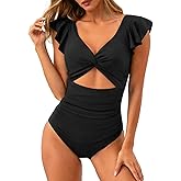 Talisea Women's One Piece Swimsuit Ruffle Swimsuit with Sleeves Cutout Bathing Suit Slimming Tummy Control V Neck Swimwear