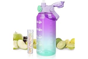 omedecal 64oz Sports Water Bottle with Fruit Infuser, 2 in 1 Straw and Chug Motivational Water Bottle with Time Marker, Half Gallon Large Water Jug with Handle for Travel Fitness Gym Outdoor (Purple)