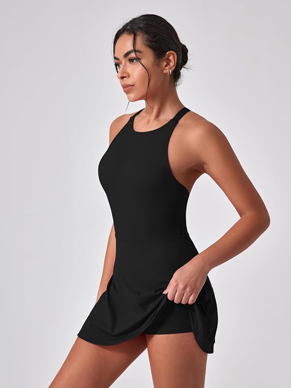 Tenniskleid Damen Golfkleid mit Integriertem BH und Shorts Tasche Cross Back Cut Out Sportkleid Mädchen Trainingskleid Freizeitkleid Tank Dress Athletic Workout Fitness Sport schwarz M