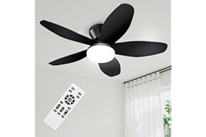 Yoedivu Ceiling Fans with Lights - 35 Inch Small Low Profile Ceiling Fan and Remote,Flush Mount Ceiling Fan with 5 Reversible Blades 6 Wind Speeds, Black Modern Ceiling Fans for Bedroom Kitchen