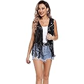 MISI CHAO Sequin Fringe Jackets Sparkly Tassel Vest Women 70s Hippie Rivet Sleeveless Open Front Western Cowgirl Coat