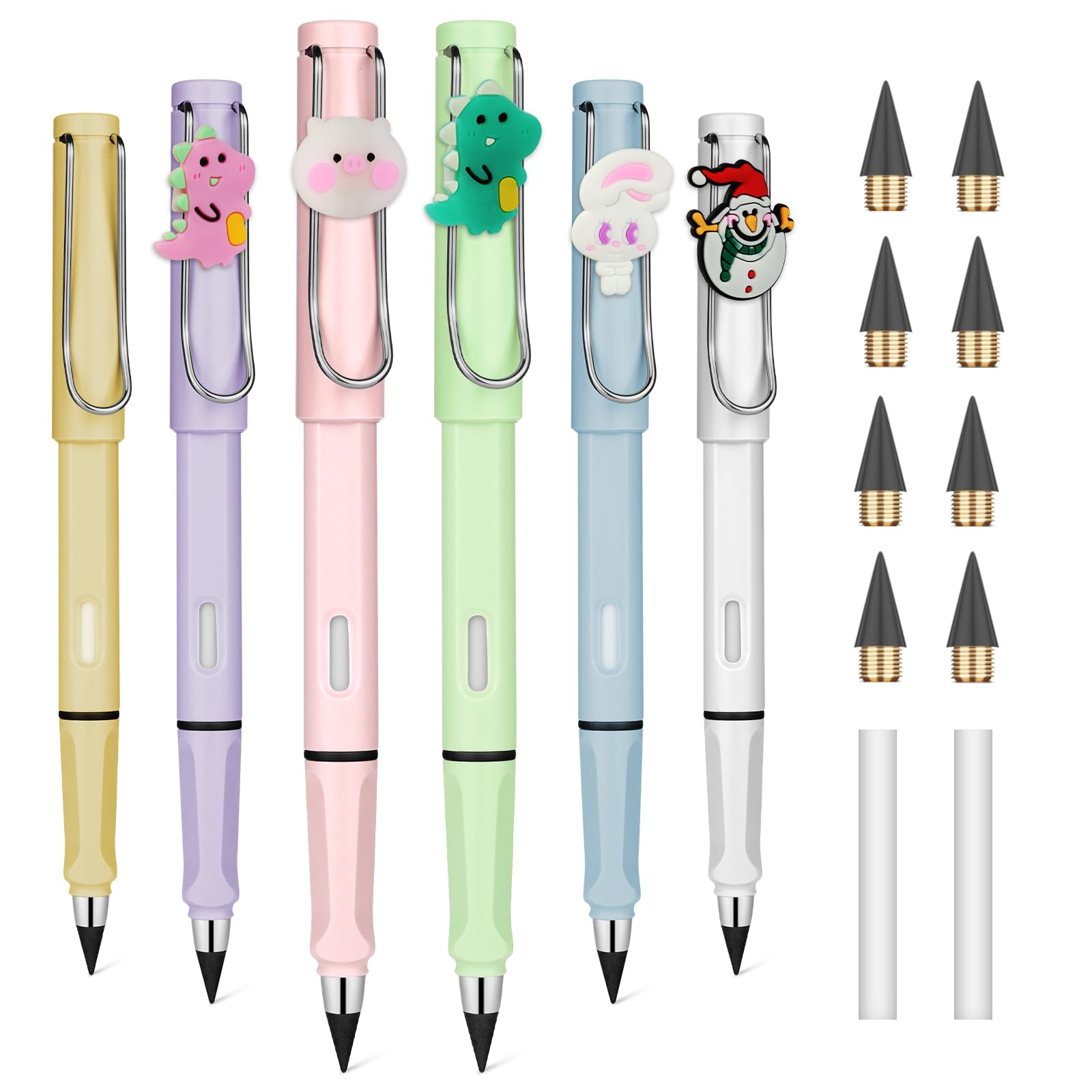 OFFCUP 6 PCS Inkless Pencil, Infinity Pencil with 6pcs Replacement Nibs and 2pcs Eraser, Reusable Everlasting Pencils, No Sharpen Pencils for Writing Drawing Drafting, Back to School Gift