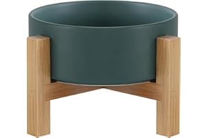 HCHLQLZ Raised Ceramic Cat Bowl - Cat Food Bowl with Bamboo Stand - Elevated Dog Food Dish for Puppies - Comfort Eating - 13.5 oz - 400 ml - Green
