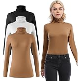 Femdouce Womens Turtleneck Long Sleeve Shirt Lightweight Slim Pullover Basic Undershirts Active Turtle Neck T-Shirts 2 Pack