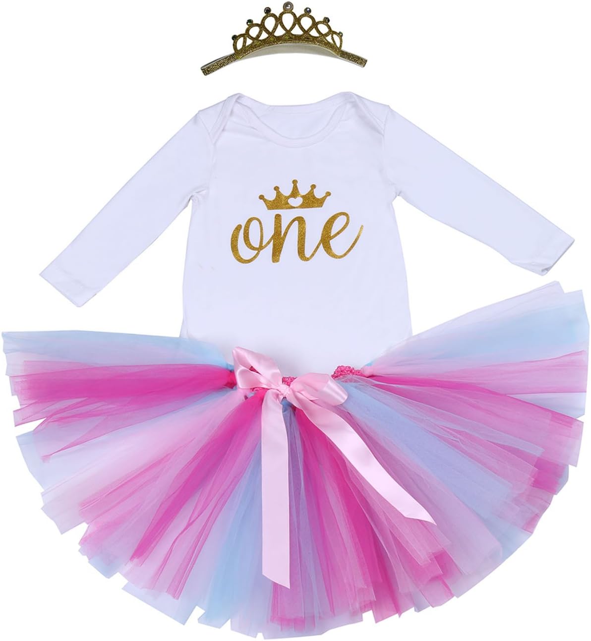 BabyPreg Baby Girls'Rainbow Skirt 3PCs 1st Birthday Tutu Dress Onesie Crown Set