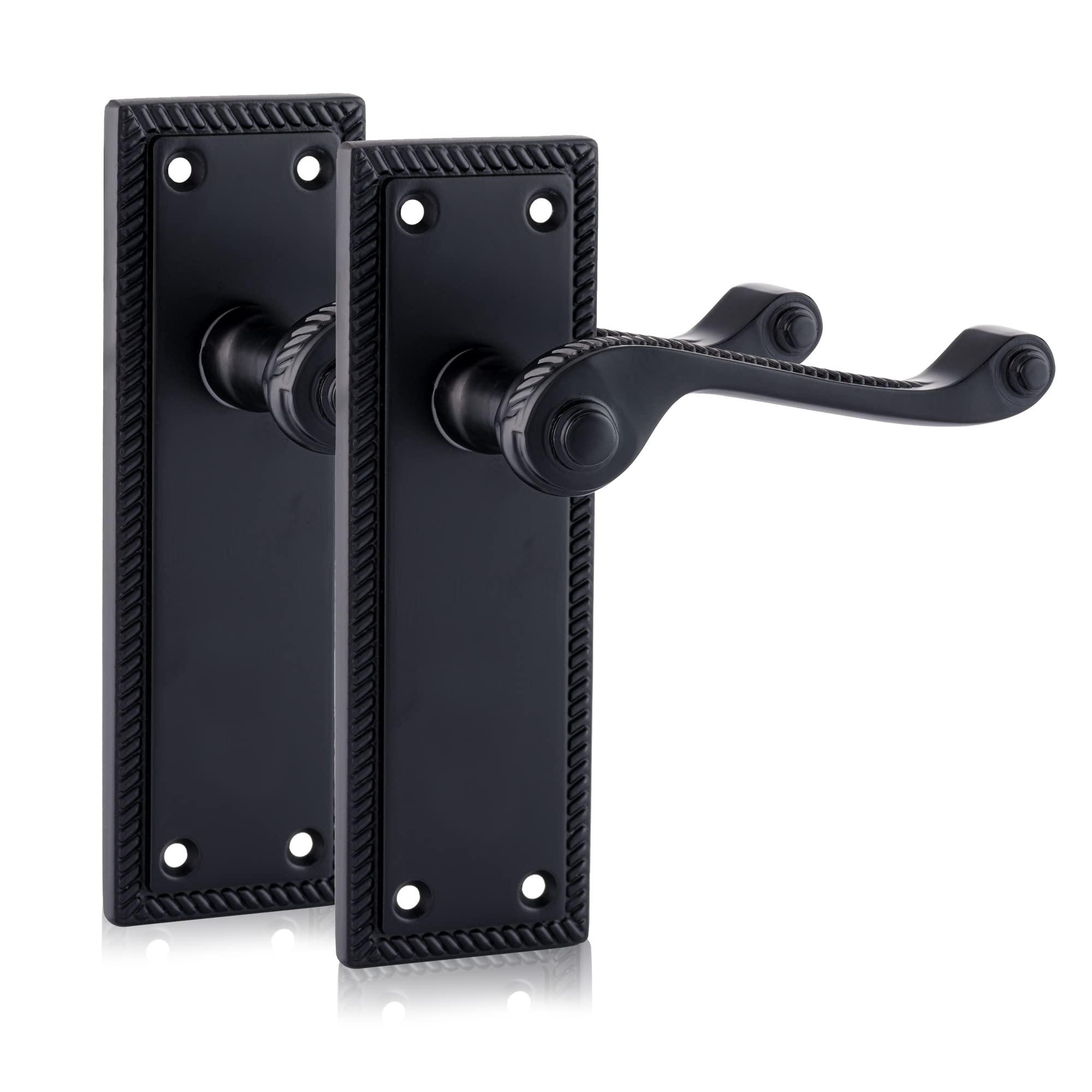 XFORT Black Beauty Range Matt Black Hanoverian Lever Latch Handles, Georgian Style Backplate Door Handles, Contemporary Door Handle Set for Internal Wooden Doors (1 Pair)