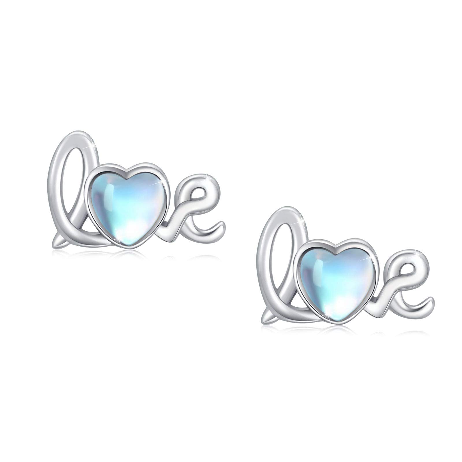 CUOKA MIRACLE Moonstone Earrings 925 Sterling Silver Love Heart Earrings for Women Rainbow Moonstone Stud Earrings for Girls Kids