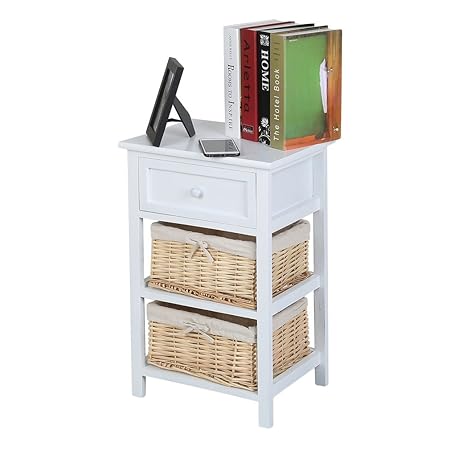 3 Tier Bedside Table Cabinet With Wicker Storage Baskets Shabby