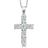 Gem Stone King 925 Sterling Silver Lab Grown Diamond and Sky Blue Aquamarine Cross Pendant Necklace for Women | 2.50 Cttw | Gemstone April Birthstone | Oval 6X4MM | With 18 Inch Chain