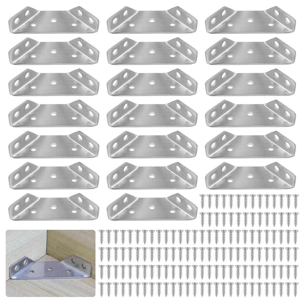 Youery Pack of 20 Stainless Steel Triangle Supports, Angle Connectors, Universal Furniture Corner Connector, Multifunction Triangle Support with 140 Screws, Corner Angle for Cupboard, Table, Chair,