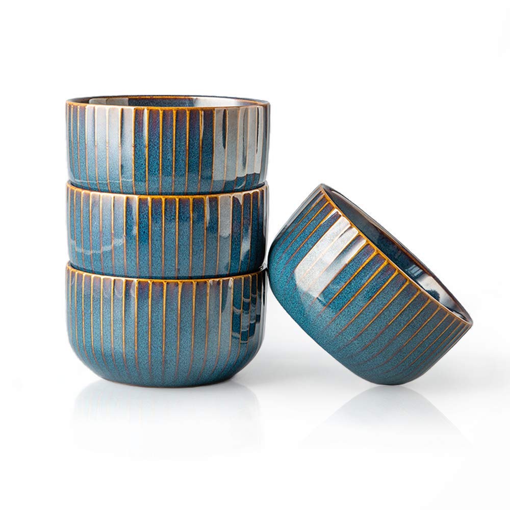 4 Pcs Porcelain Cereal Bowls - 500ml, Small Blue Rice & Salad Bowls