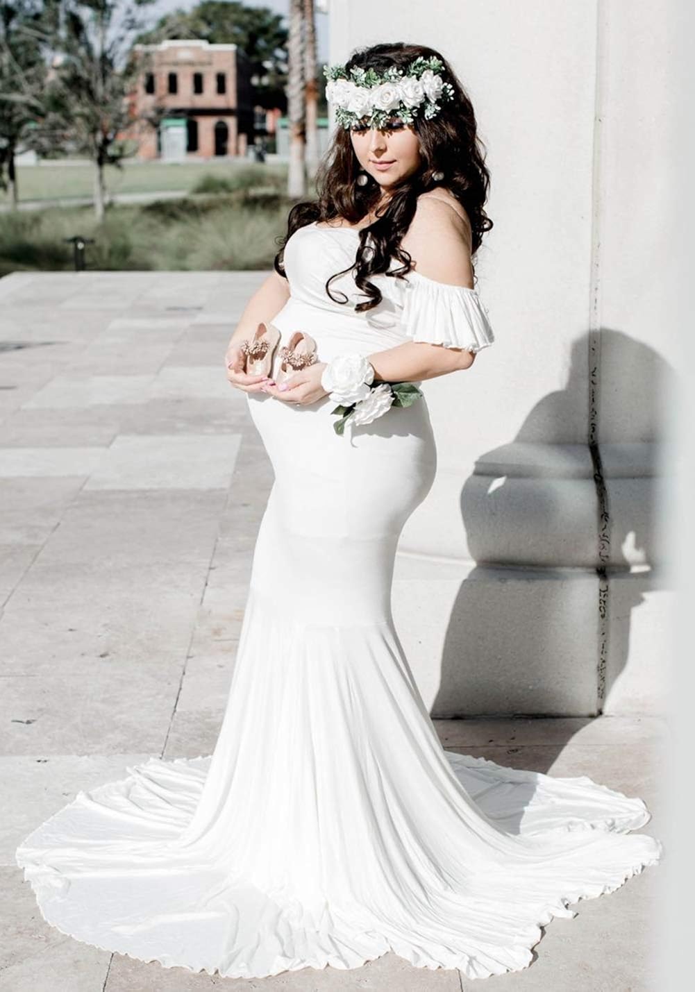 ZIUMUDY Off Shoulder Maternity Elegant Fitted Photo Shoot Gown Wraped Mermaid Baby Shower Dress at  Women’s Clothing store