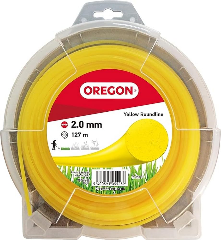 Oregon Yellow Round 2mm Strimmer Line, Trimmer Line Tackles Long Grass, Weeds, Edges & Thick Vegetation, Professional Heavy Duty Nylon Strimmer Wire, Fits Most Standard Models, 2.0mm x 127m (69-358-Y)