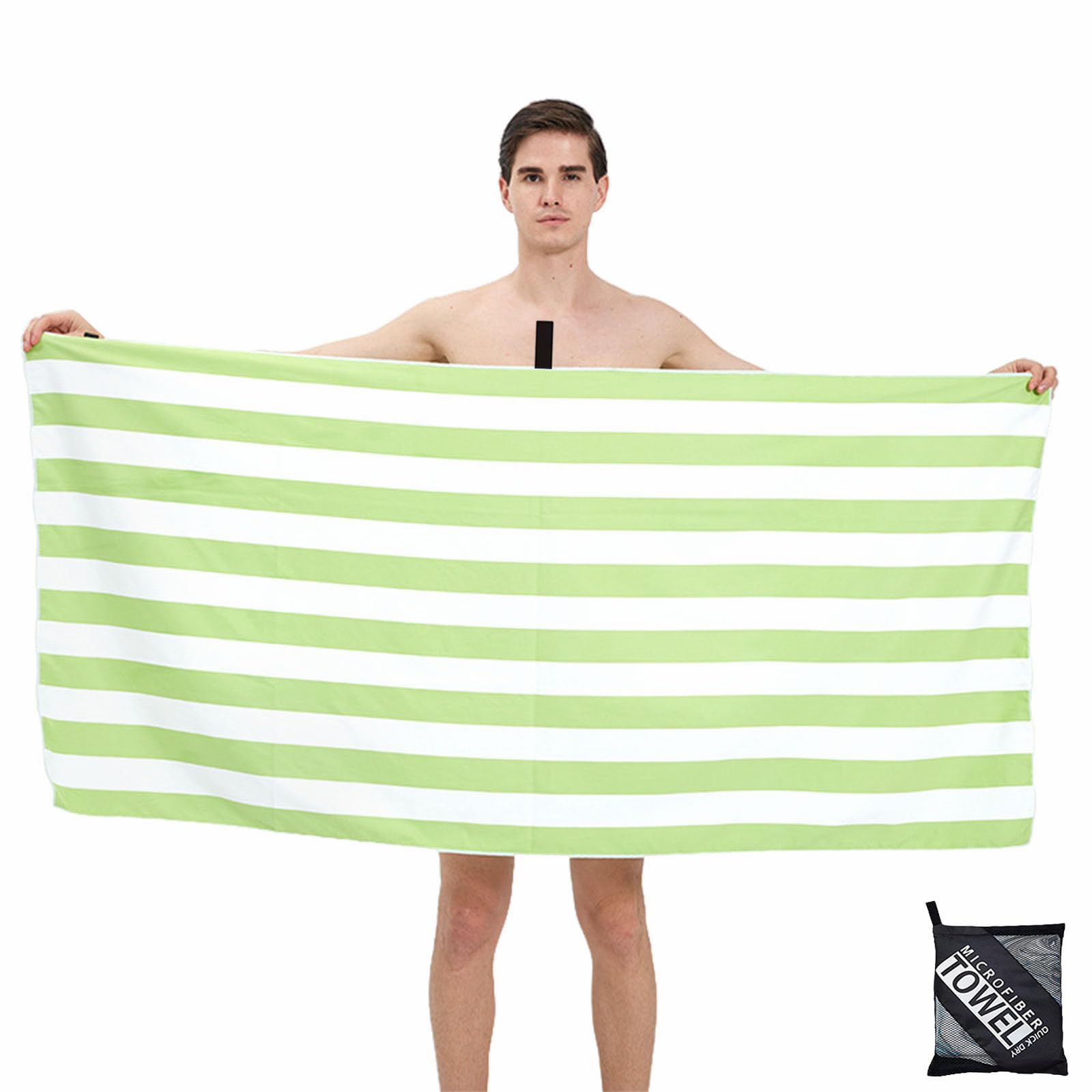 Large Microfibre Beach Towel for Adult,160x90cm Double Side Green Striped Sand Free Beach Towel,Lightweight Quick Dry Travel Swim Towel with Bag,Compact and Thin Sports Towel Yoga Gym for Women Men