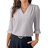 EVALESS Women's 3/4 Sleeve Tops Dressy Casual Pleated V Neck Business Work Blouses Office Shirts
