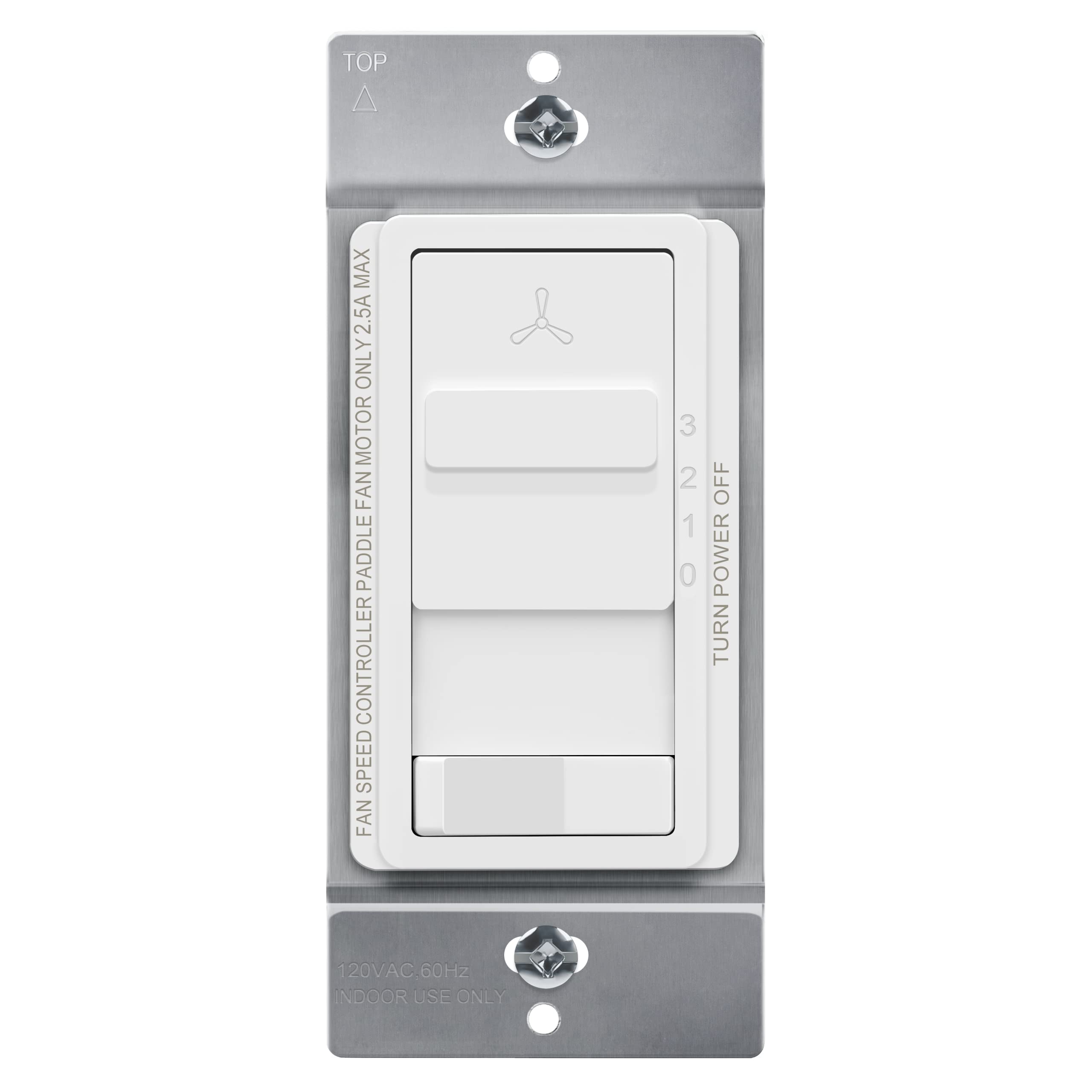 TOPGREENER Kalide Light Switch and 3-Speed Ceiling Fan Control Combo, in Wall Light and Fan Combination Switch, Single Pole, 2.5A, 720W, Neutral Wire Not Required, TGSFS3-W, White
