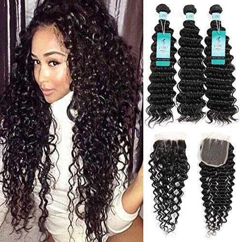 UDU Brazilian Deep Wave Bundles with Closure Deep Curly Hair 3 Bundles with Lace Closures Brazilian Curly Weave Human Hair Loose Deep Curly Bundles with Closure Pineapple Wave Curly 20 22 24 with 18