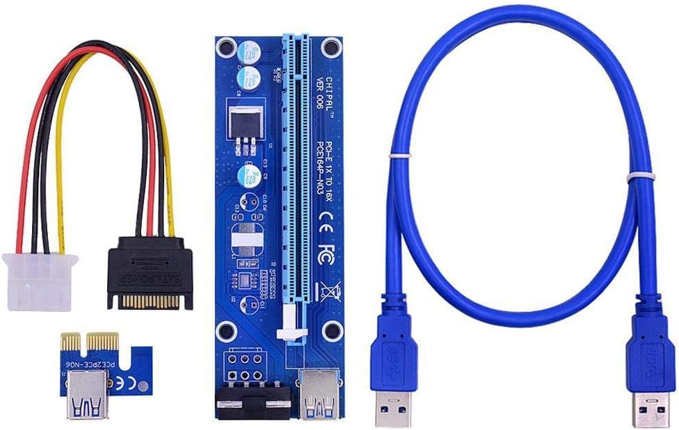 PCIE PCI-E Riser Card PCI Express 1x 16x Adapter 0.6M USB 3.0 Cable SATA 4Pin Molex Power for Mining Bitcoin Miner, 60cmBlue
