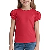COSLAND Girls' Solid Puff Sleeve T-Shirt Crew Neck Cotton Short Tee 2-12Y