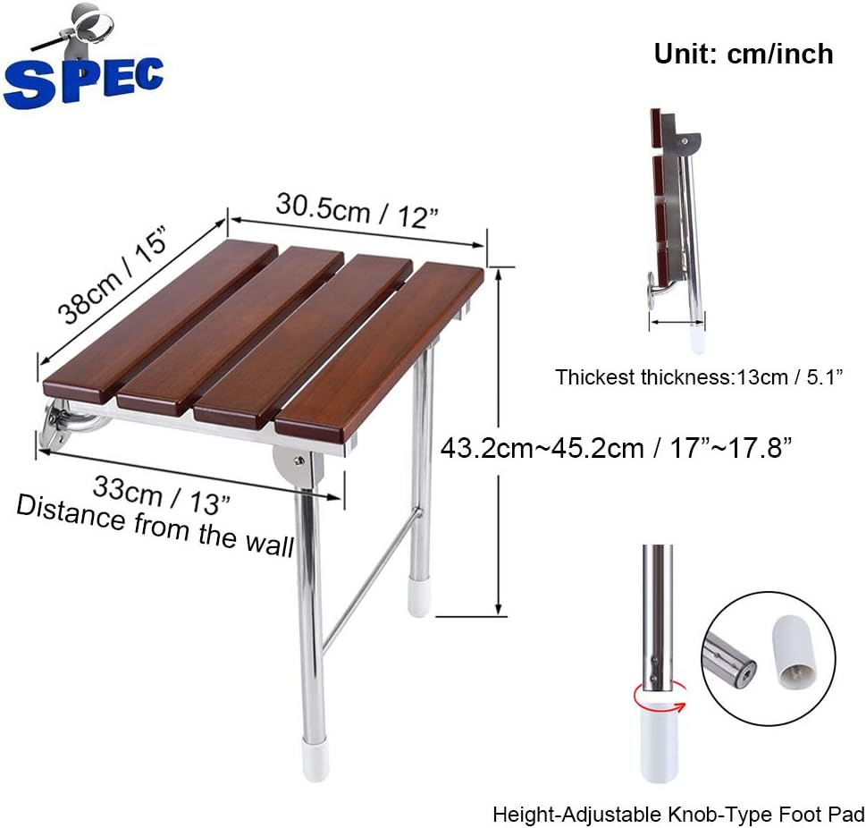 JCWANGDEFU Folding Shower Seat Wall Mounted Bathroom Bathtub Safety Stool Chair, Solid Wood, with Support Legs, Load of 350 lbs, 14.88"(L)*12"(W)*17.12"(H): Home & Kitchen