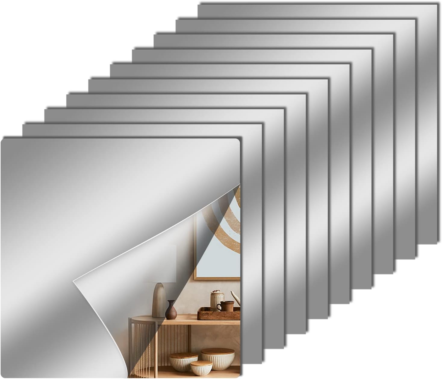 Mirrors - 12 Pcs Acrylic Flexible Mirror Sheets, 12 x 12 in Mirror Tiles Self Adhesive Square Cuttable Mirror Wall Stickers Non Glass Acrylic Safety Reflective Mirror for DIY Craft Home Wall Decoration
