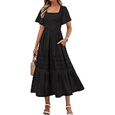 MEROKEETY Women's 2026 Summer Flowy Midi Maxi Dress Short Sleeve Square Neck Smocked Tiered Ruffle Boho Dresses with Pockets