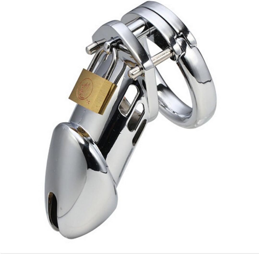 Male's Metal Steel Device Control Long cage with 3 Size Rings(40mm,45mm,50mm) (Silver)