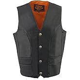 Milwaukee Leather ML1368 Men's Black Premium Leather V-Neck Motorcycle Rider Vest w/Buffalo Nickel Snaps Closure