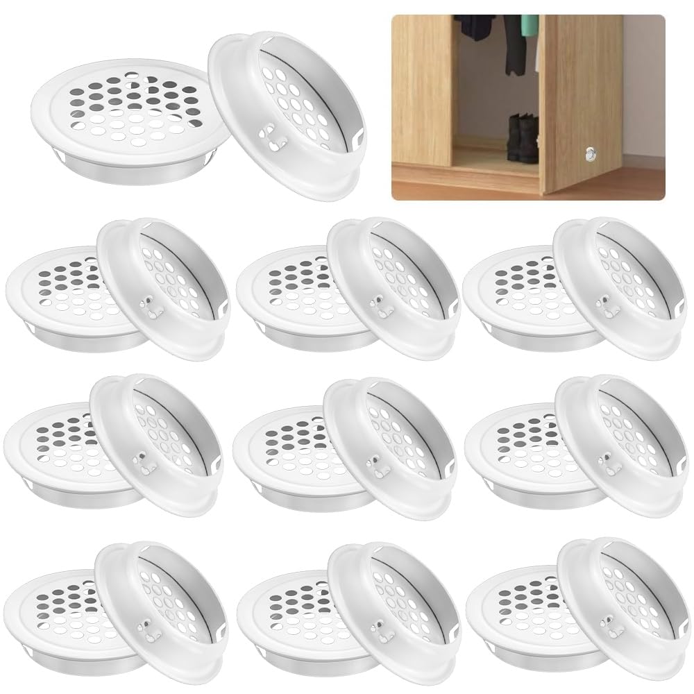 KLYNGTSK 20 PCS Air Vent Hole Stainless Steel Ventilation Louver Round Air Vent Louver Hole Soffit Vent Mesh Hole Round Perforated Mesh Cabine Hole for Kitchen Bathroom Cabinet Wardrobe (White)