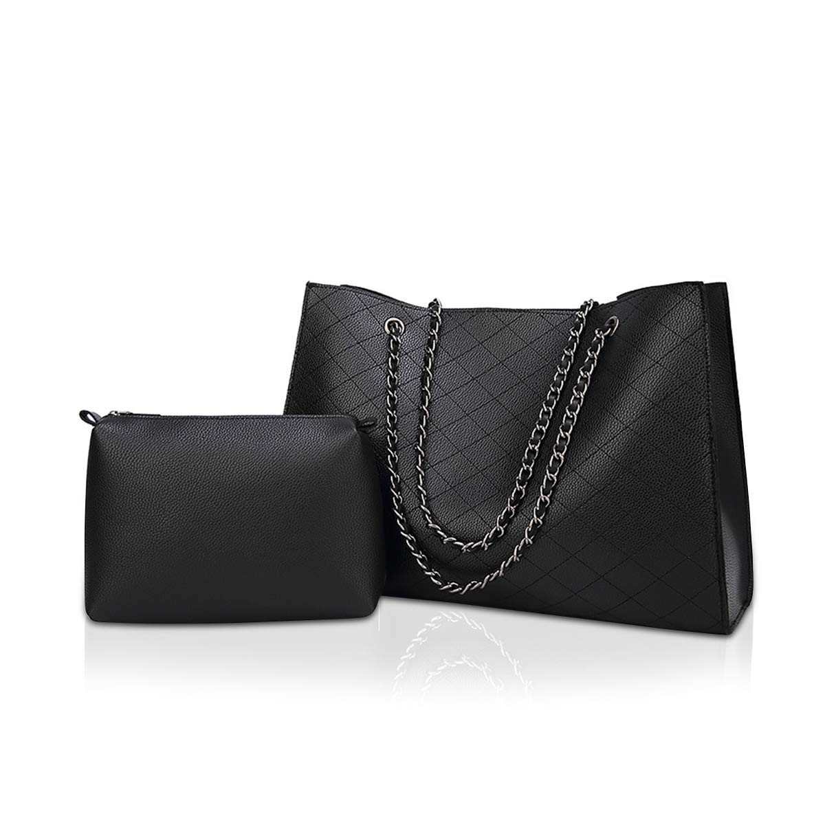 NICOLE&DORIS Women Fashion Shoulder Bag 2 Pcs Set Purse Large Tote Bag Handbags Chain Bag Black