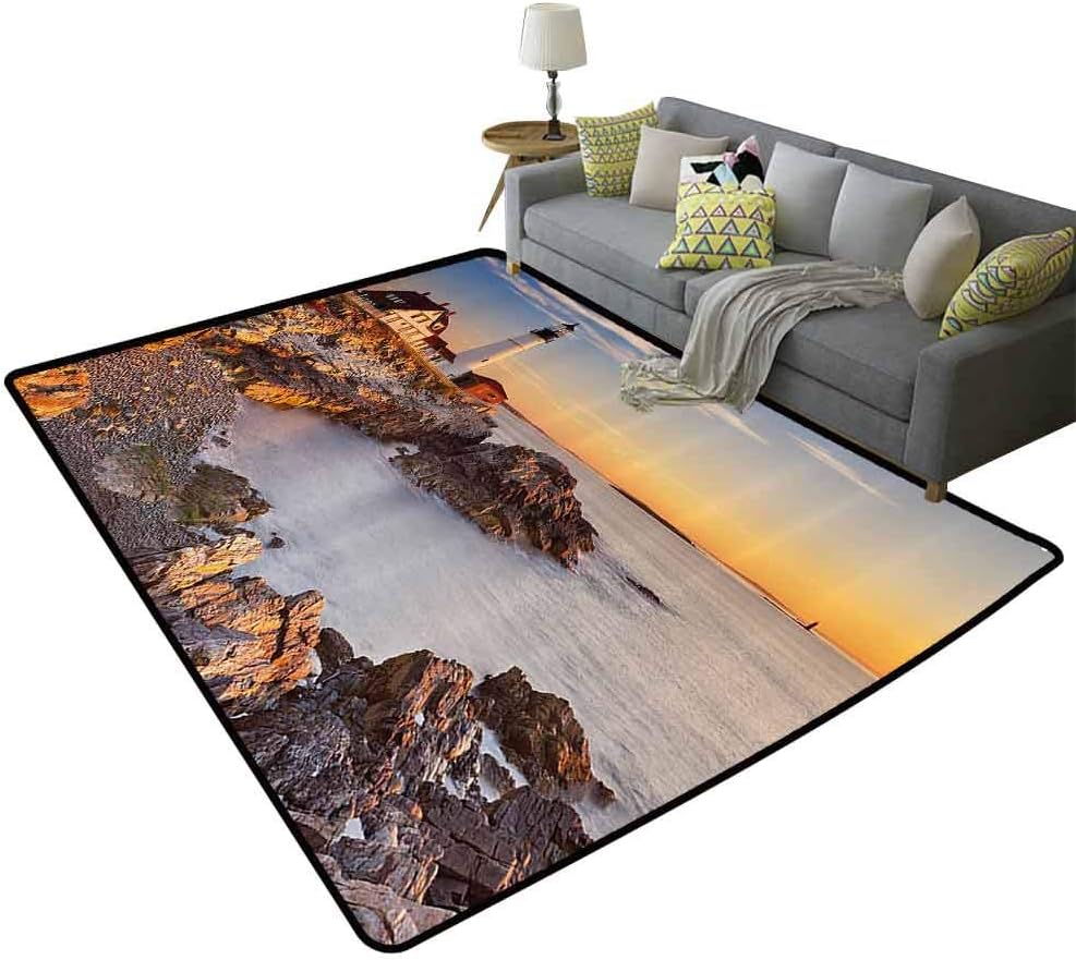 United States Modern Rug Cape Elizabeth Maine River Portland Lighthouse Sunrise USA Coast Scenery Protective Floor Light Blue Tan, 5'x 6'(150x180cm)