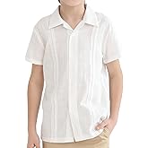 OEBLD Boys Cuban Guayabera Shirt Short Sleeve Button Down Shirts V Neck Cotton Linen Shirts