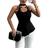 SOLY HUX Women's Halter Tops Floral Embroidery Sleeveless Ruched Asymmetrical Hem Fitted Summer Tank Top