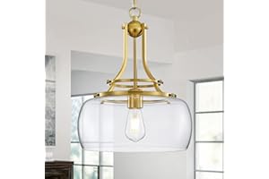 WUZUPS Chandelier Rustic Farmhouse Industrial Round Ceiling Pendant LED Light Fixture with Clear Glass Shades for Dining Room Kitchen Island Foyer Entryway, H 17" x W 13.4", E26 Base, Brushed Gold