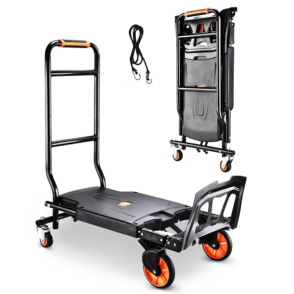 FOLDING HAND TRUCK，500LBS CAPACITY HEAVY DUTY CARRYING HAND CART，IRONTON STEEL HAND TRUCK WITH 4 ROTATE WHEELS，FOR LUGGAGE, MOVING, SHOPPING, OFFICE,TRAVEL USE(ORANGE)
