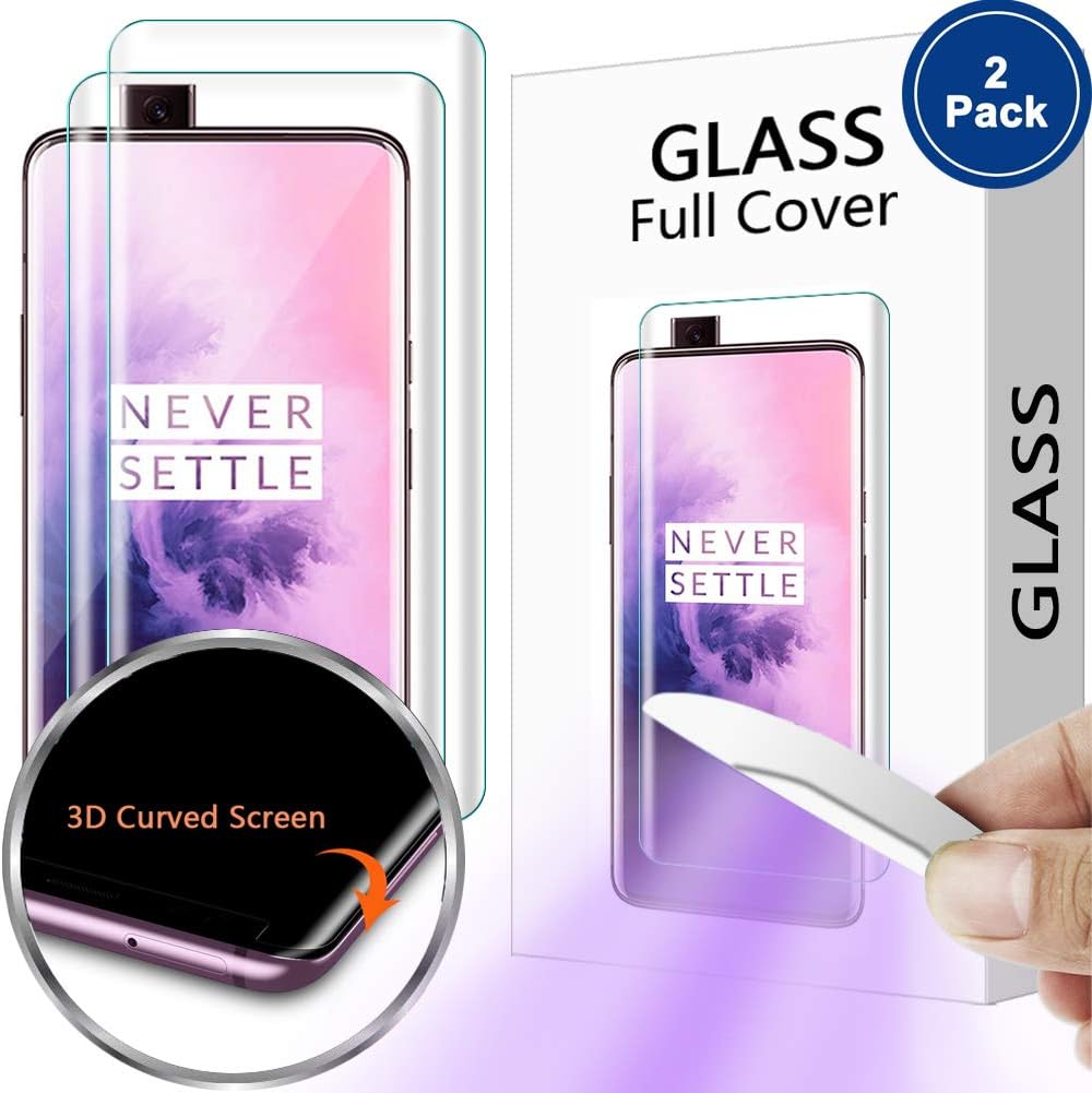 [2 Pack] PAZLOG Screen Protector for OnePlus 7 Pro, Tempered Glass 9H Hardness Full Curved Edge [Support Fingerprint Sensor] [Liquid Dispersion Tech] HD [Case Friendly] Lifetime Replacement Warranty