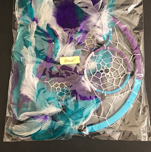 OMA Dream Catcher - Hand Crafted Traditional Tie Dye Colors Turquoise, Purple & White Feathers - Large Size - 9" Diameter & 30" Long