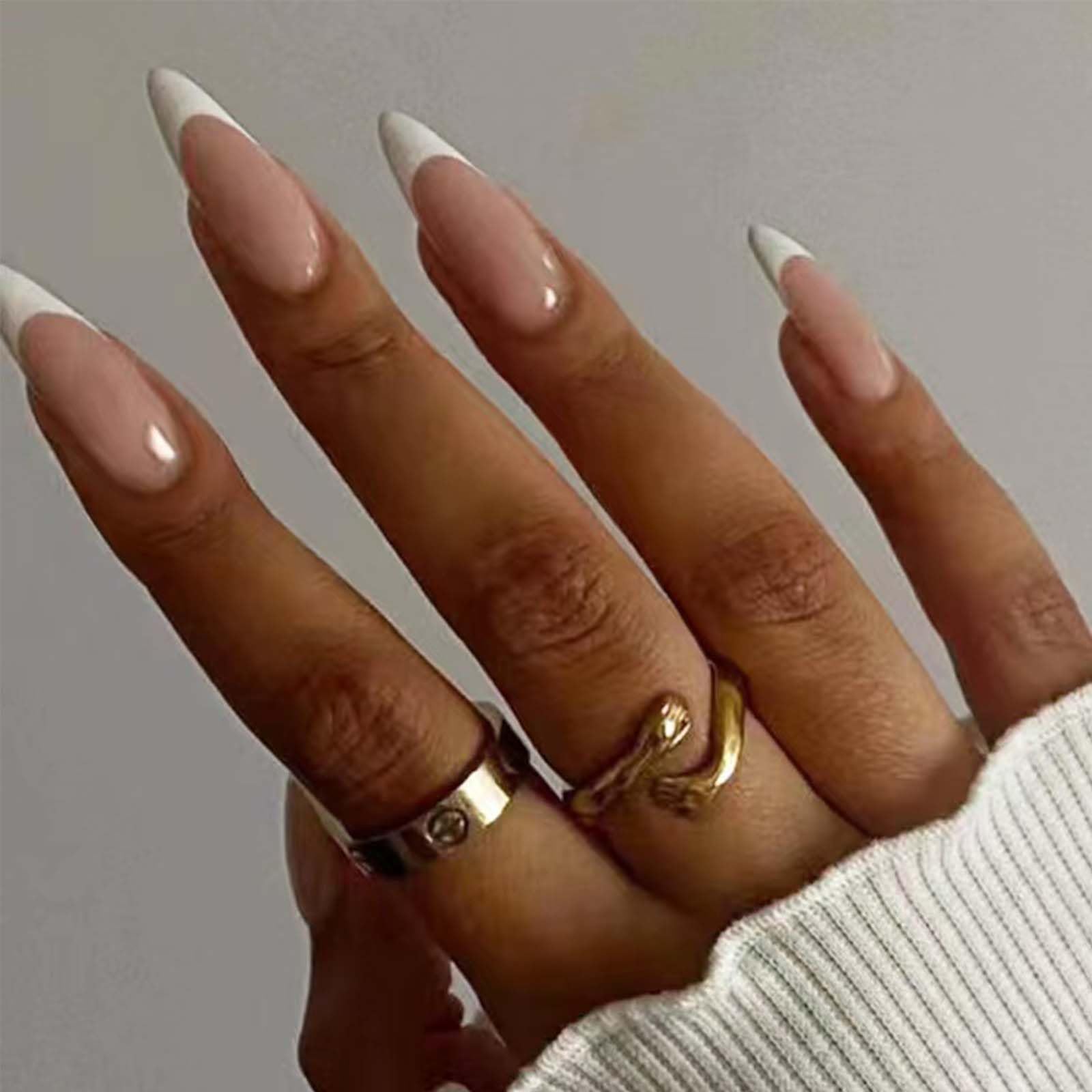 Photo 1 of Hkanlre French Stiletto Fake Nails Acrylic Press on Nails Long Nude False Nails Full Cover Nails for Women and Girls 24PCS