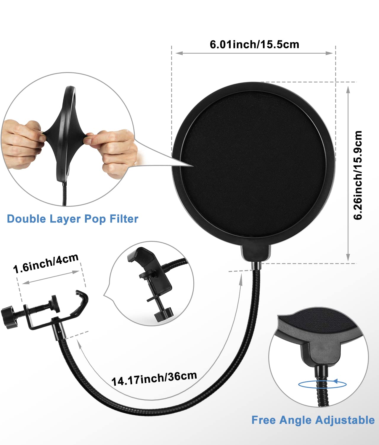 BILIONE Multifunctional Desktop Microphone Stand, Adjustable Mic Stand Desk with Pop Filter, Shock Mount, Microphone Clip, 5/8