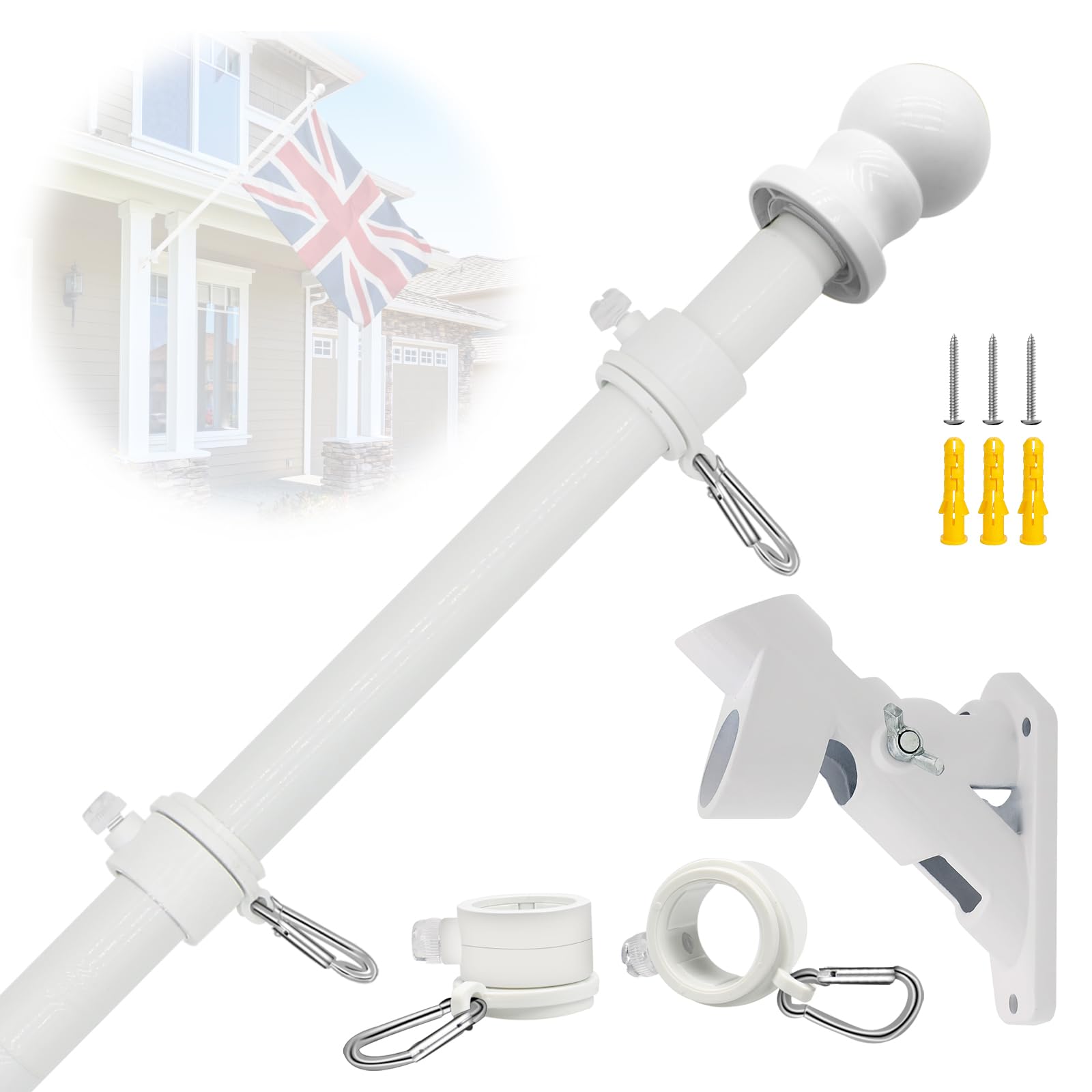 NQ 5FT(1.5M) Flag Pole for Garden with Flag Pole Holder, Stainless Steel Flag Pole Kit for House, Flag Pole Rings, Flag Pole for Outdoor, Wall Mounted Flag Pole(White)