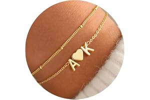 Turandoss 2 Initial Heart Bracelets for Women – Dainty Layered 14K-Gold-Plated Heart Letter A-Z Charm Bracelets, Birthday Gifts for Women Girls Mom Daughter Jewelry