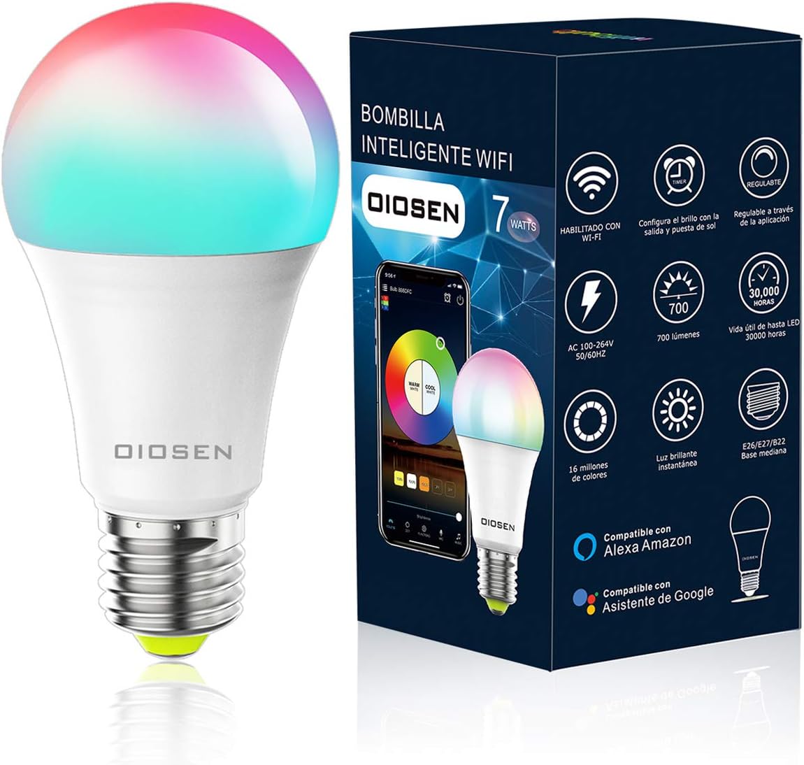 bombilla foco inteligente oiosen rgbcw wi fi 7w 700 lumenes rango de luz blanca 2700k a 6500k foco multicolor compatible con alexa google home y