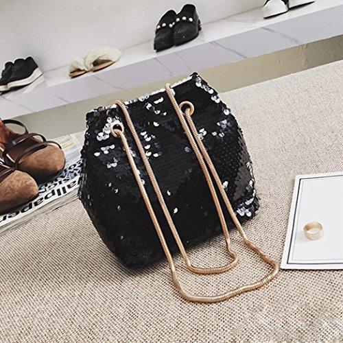 Clearance Sale! ZOMUSA Women Girl Fashion PU Leather Chain Strap Shoulder Bag Bling Sequin Bucket Bag (Black)